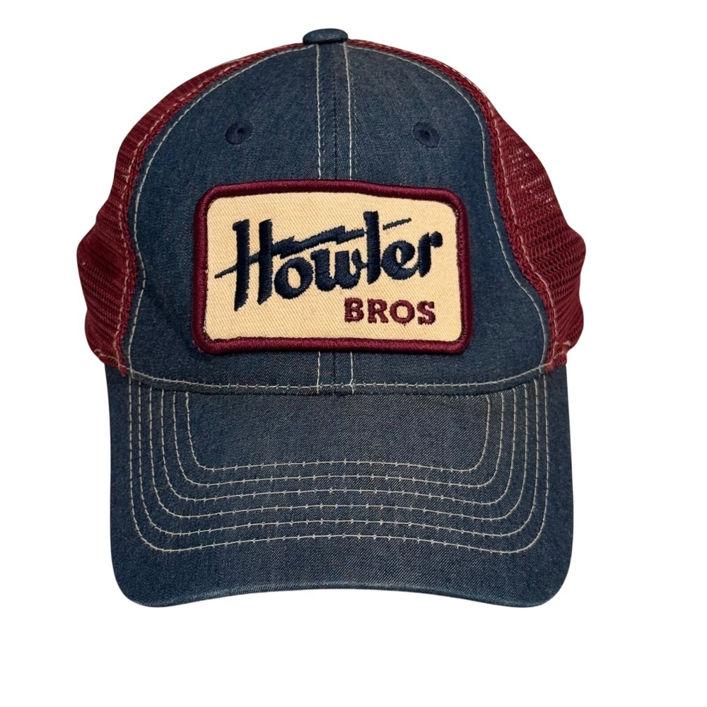 Howler Brothers Trucker Hat Blue Denim Maroon Mesh Heed The Call Patch Cap Mens